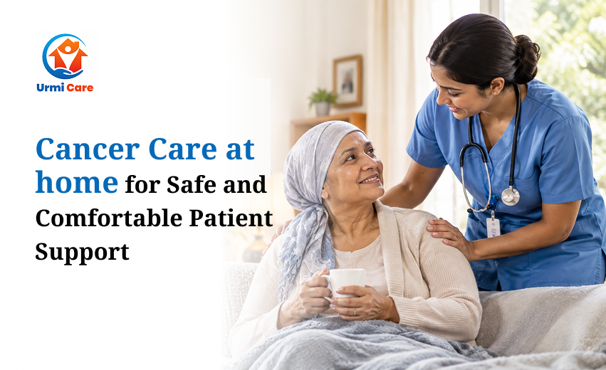 Elderly woman with headscarf receiving cancer care at home, comforted by smiling nurse in blue scrubs with stethoscope.