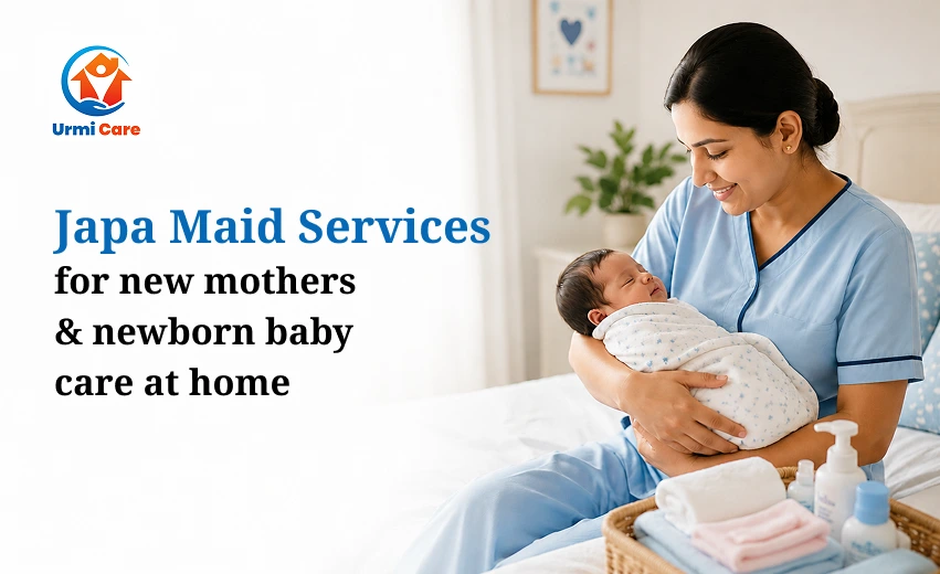 Caring maid in blue uniform holding a swaddled newborn baby, promoting Japa maid services for mothers and baby care at home.