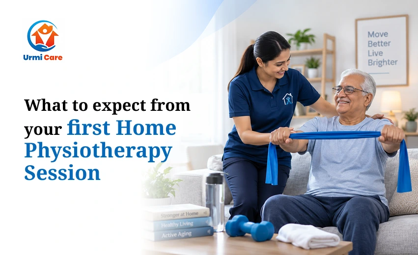 Physiotherapist assisting an elderly man with a resistance band during his first home physiotherapy session.