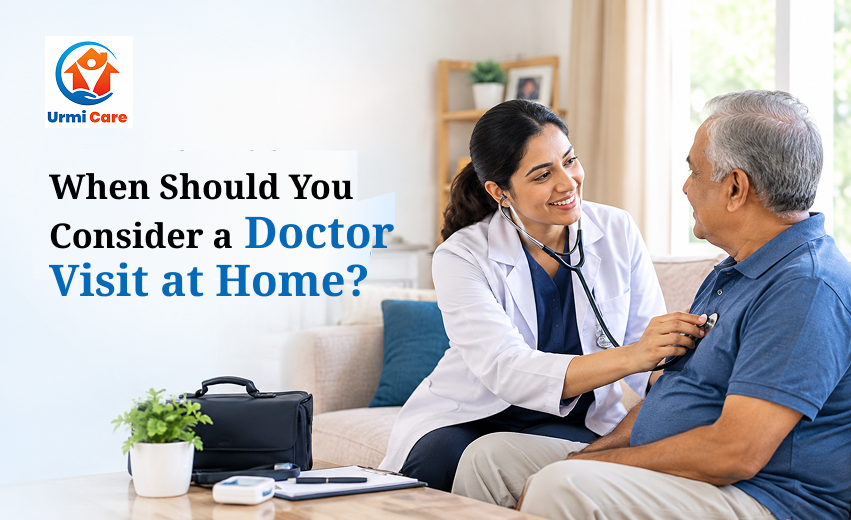 Doctor examining an elderly man at home with a stethoscope during a home doctor visit.