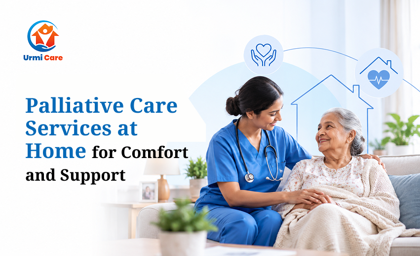 Urmicare banner promoting palliative care at home, showing a nurse comforting an elderly woman beside healthcare and home-care icons.